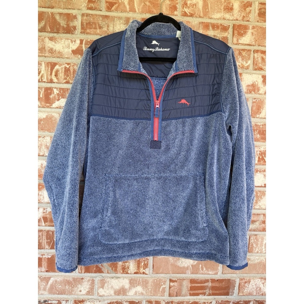 Tommy Bahama Men's Large Blue Pullover 1/4 Zip Long Sleeves EUC Sherpa Bottom